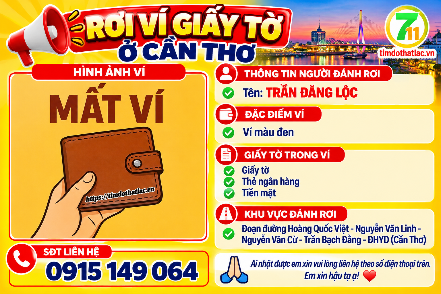 🆘 Rơi ví giấy tờ ở Cần Thơ tên Trần Đăng Lộc