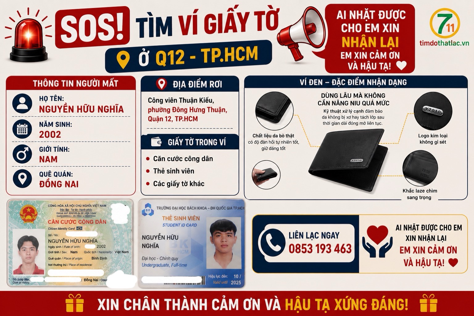 🆘 Tìm ví giấy tờ rơi ở Q12 - TPHCM tên Nguyễn Hữu Nghĩa 2002 ở Đồng Nai