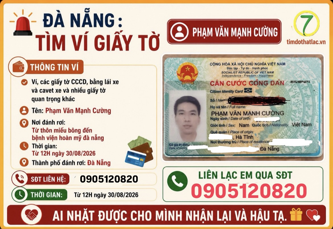 ‼️ Đà Nẵng : Tìm ví giấy tờ có tên Phạm Văn Mạnh Cường