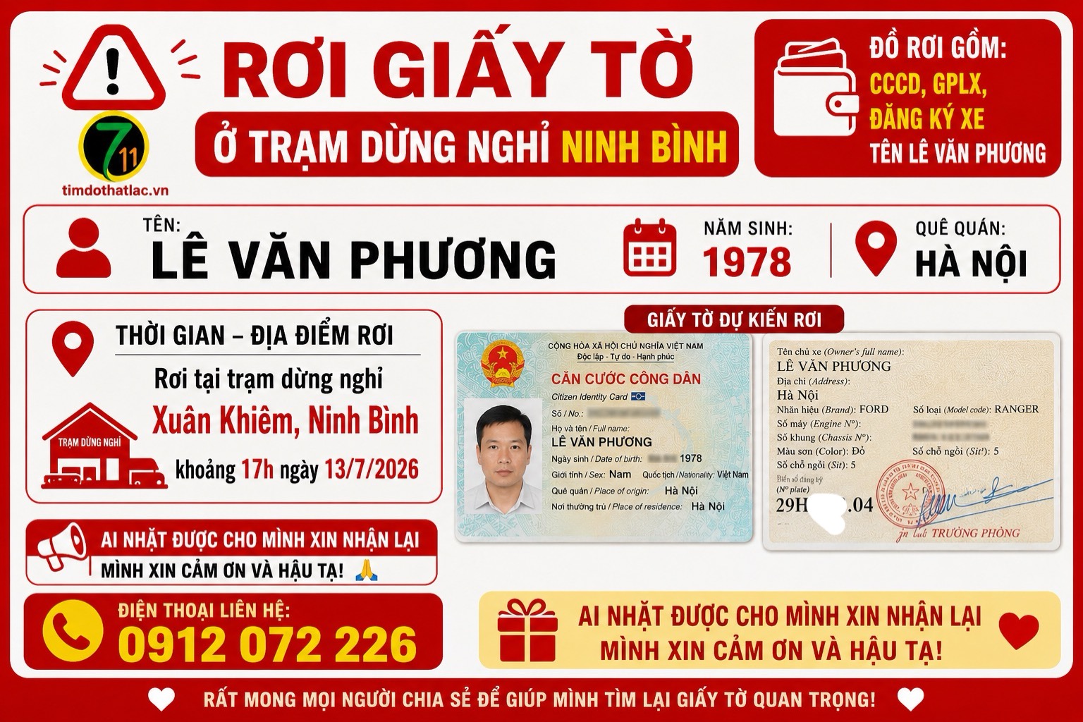 🆘 RƠI giấy tờ ở trạm dừng nghỉ Ninh Bình tên Lê Văn Phương 1978 Hà Nội