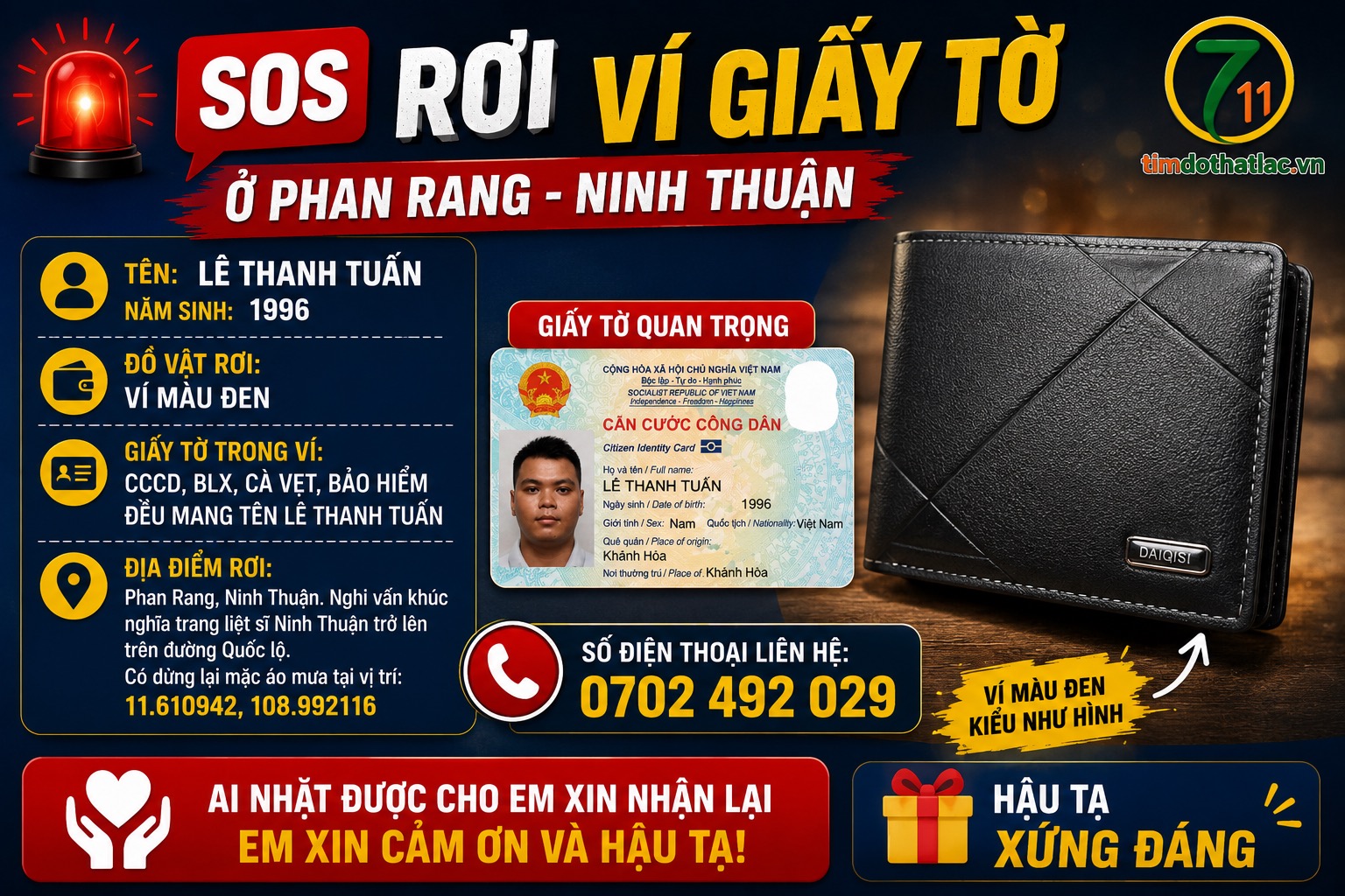 🆘 Rơi ví giấy tờ ở Phan Rang - Ninh Thuận tên Lê Thanh Tuấn 1996