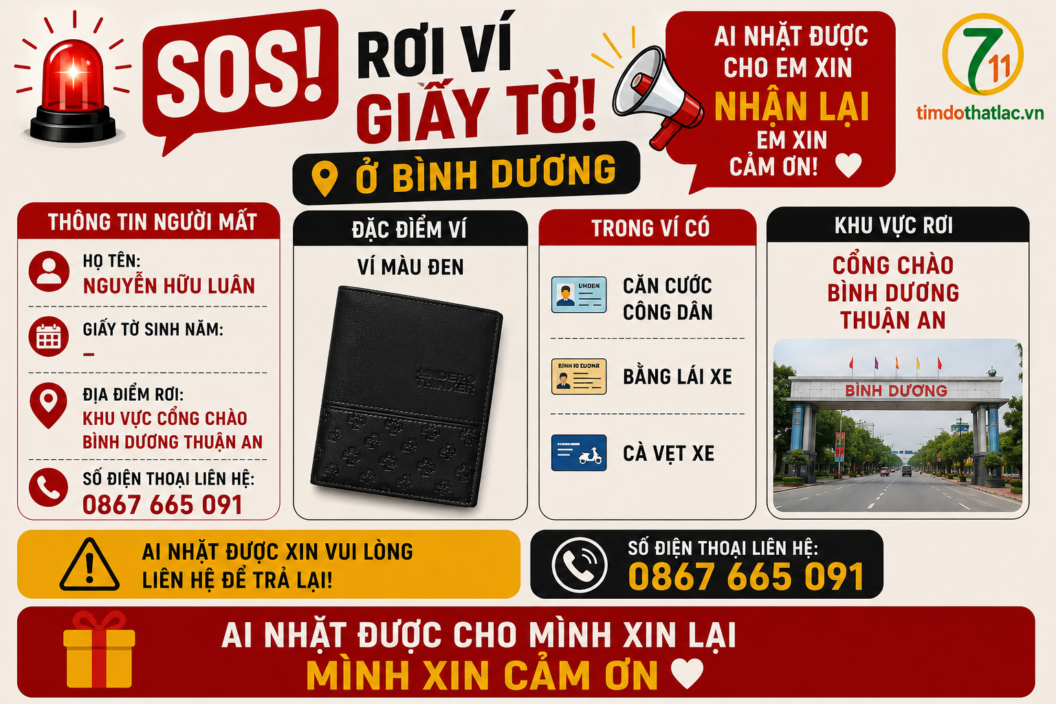 🆘 Rơi ví giấy tờ ở Bình Dương tên Nguyễn Hữu Luân