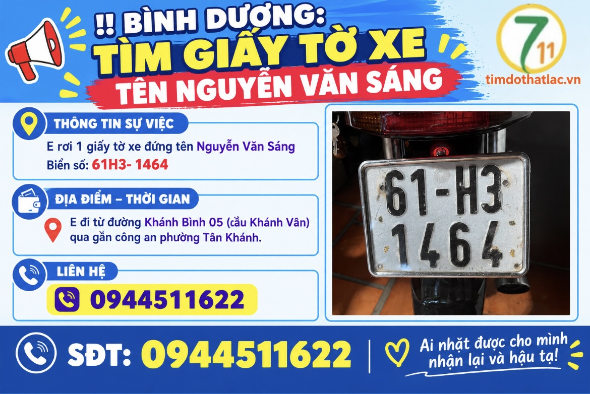 ‼️Bình Dương: Tìm giấy tờ xe tên Nguyễn Văn Sáng