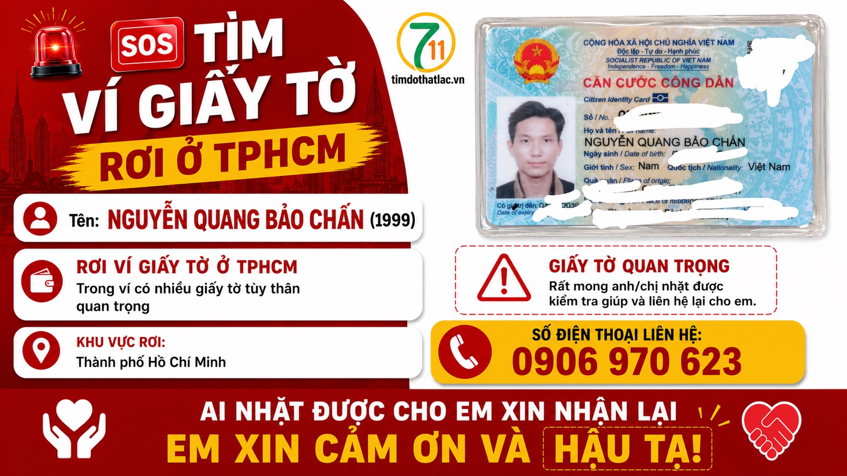 🆘 Tìm ví giấy tờ rơi ở TPHCM tên Nguyễn Quang Bảo Chấn, 1999