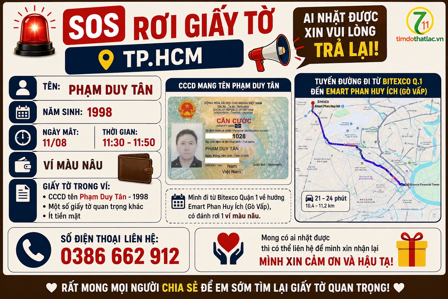 🆘 RƠI GIẤY TỜ ở TPHCM tên Phạm Duy Tân 1998