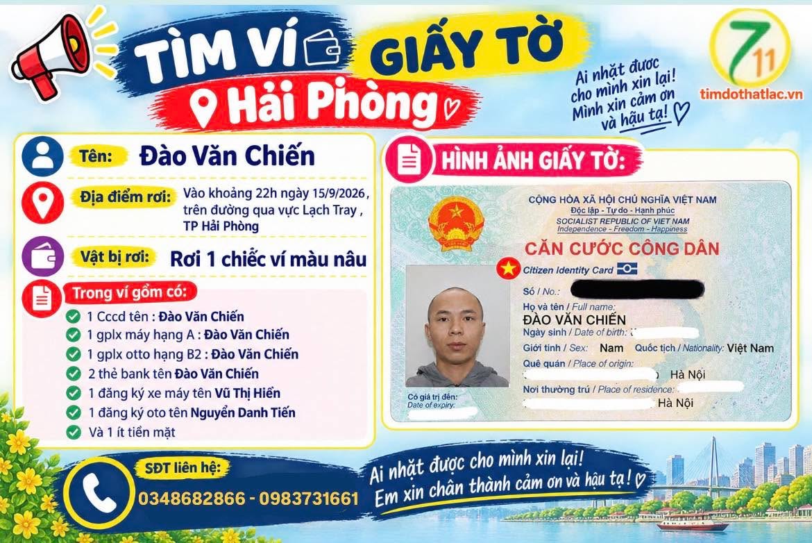 ‼️ : Tìm ví giấy tờ có tên Đào Văn Chiến rơi tại Hải Phòng