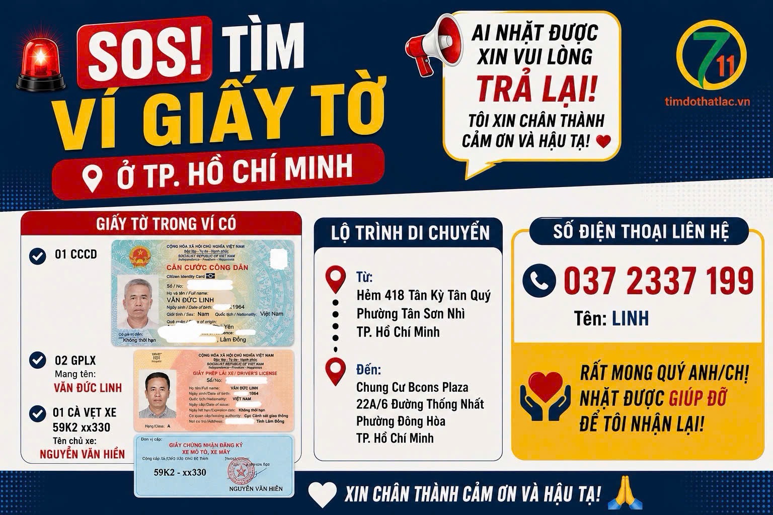 🆘 TÌM VÍ GIẤY TỜ RƠI Ở TPHCM tên Văn Đức Linh