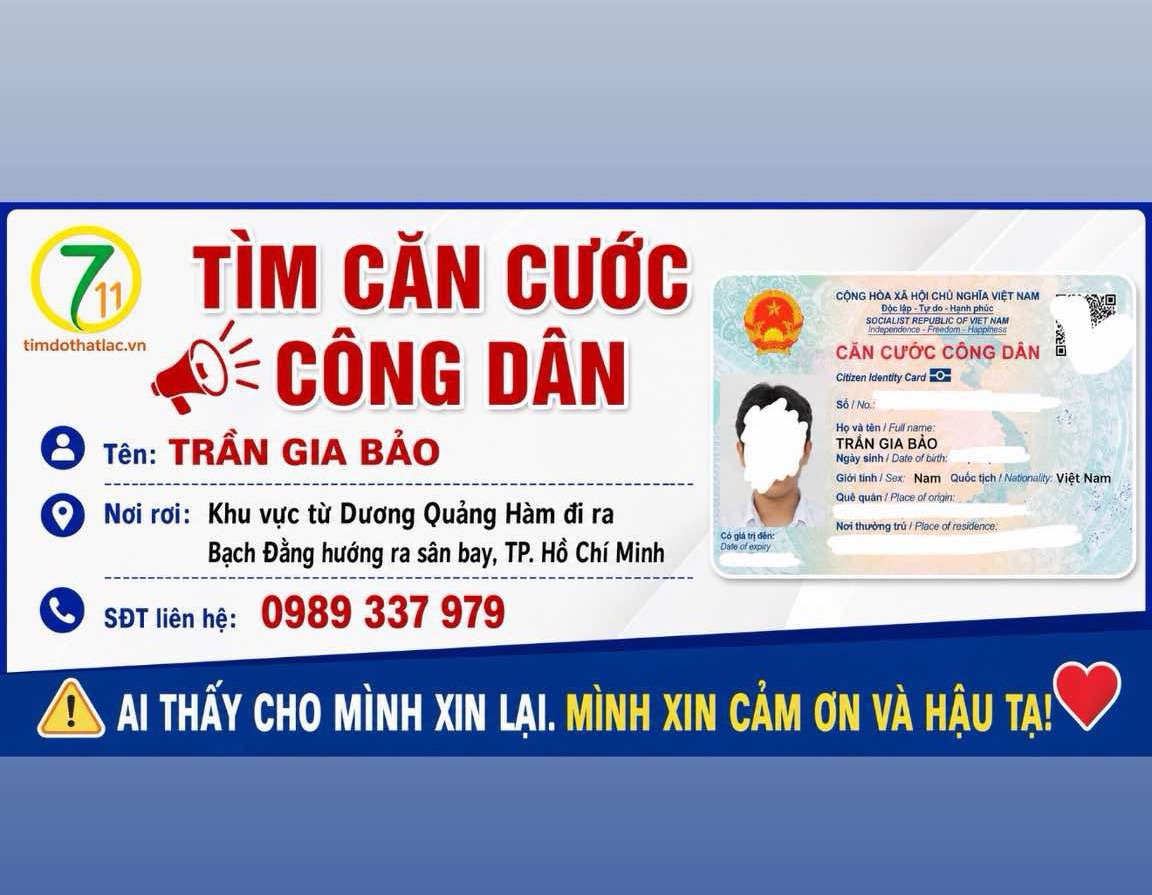 ‼️ Hồ Chí Minh: Tìm cccd có tên Trần Gia Bảo
