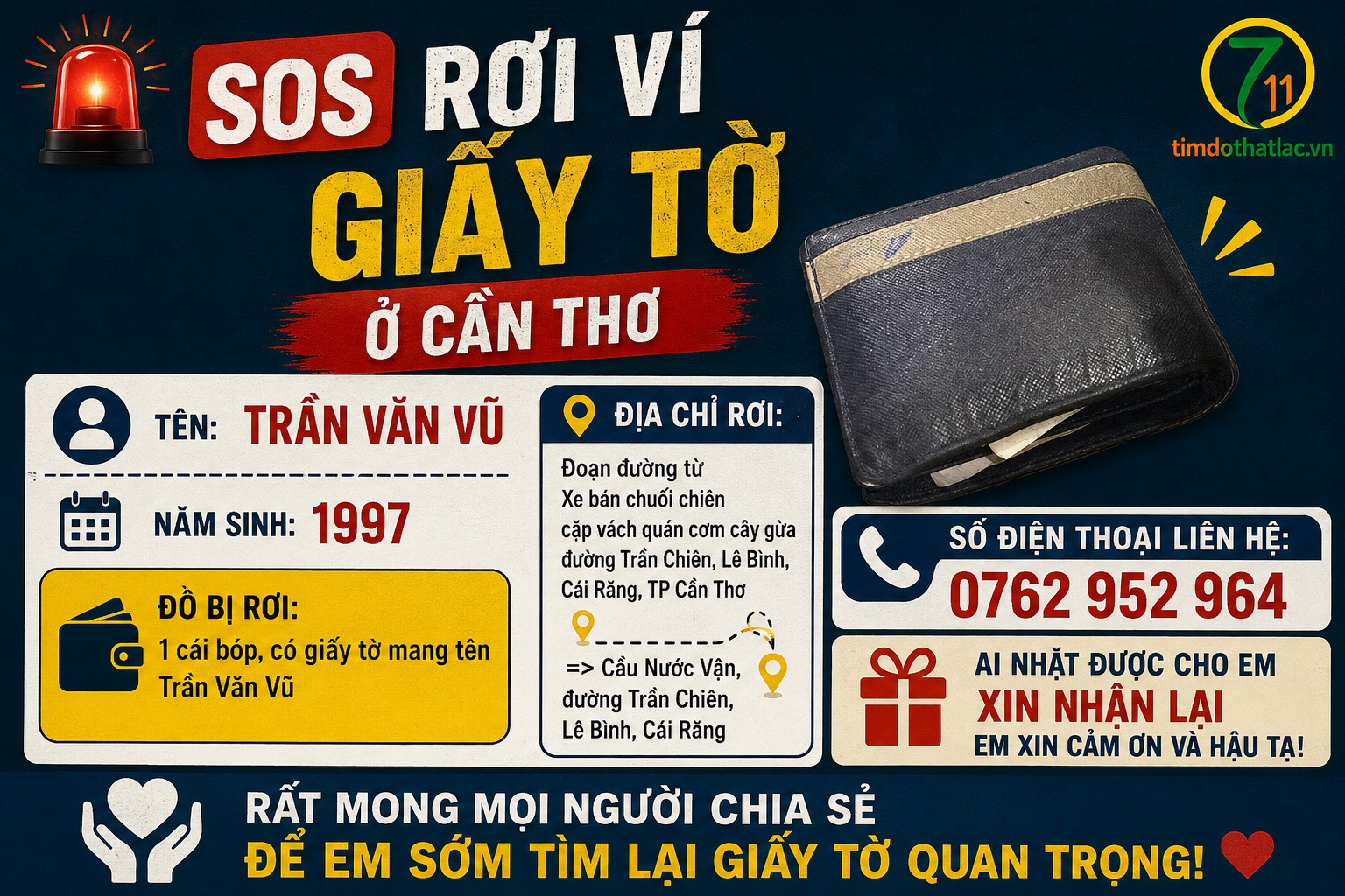🆘 Tìm ví giấy tờ rơi ở Cần Thơ tên Trần Văn Vũ 1997