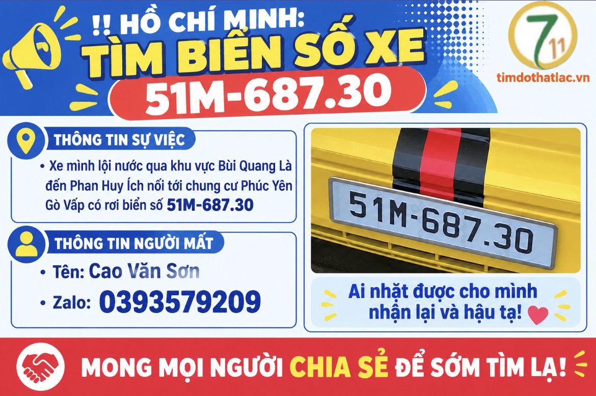‼️Hồ Chí Minh: Tìm biển số xe 51M-687.30