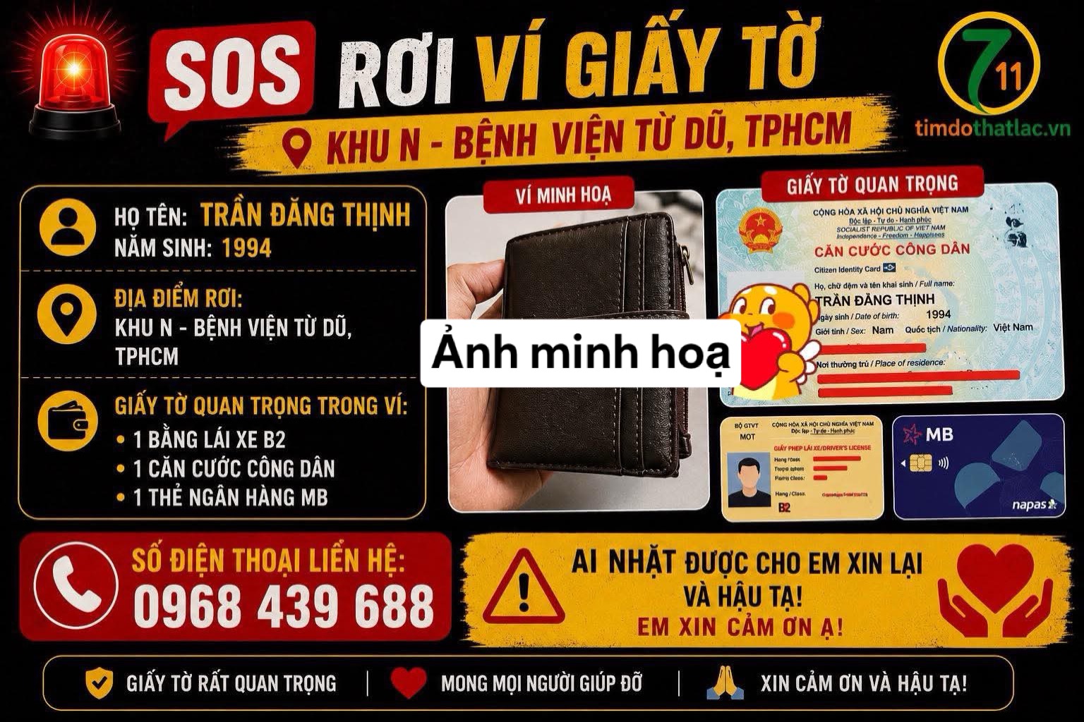 🛑 [ TPHCM ] RƠI VÍ GIẤY TỜ tên TRẦN ĐĂNG THỊNH 1994