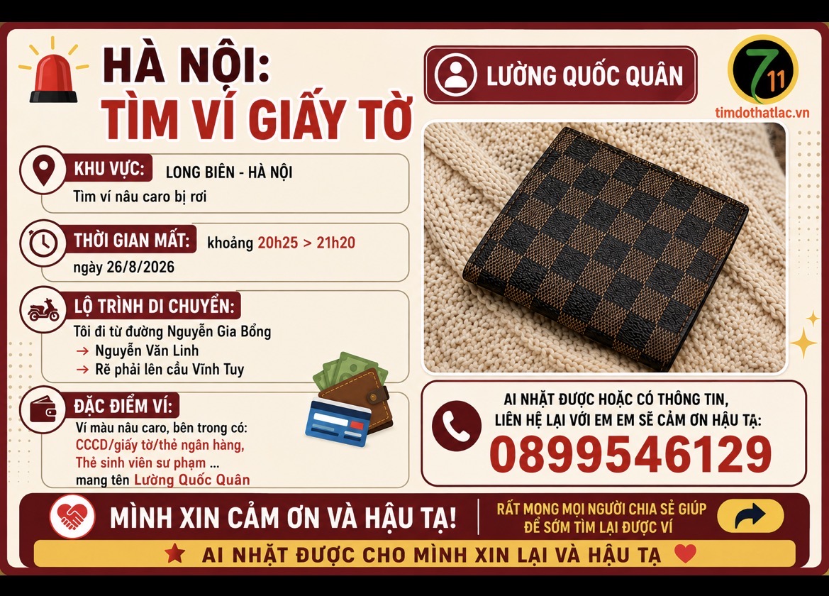 ‼️ Hà Nội : Tìm ví giấy tờ có tên Lường Quốc Quân