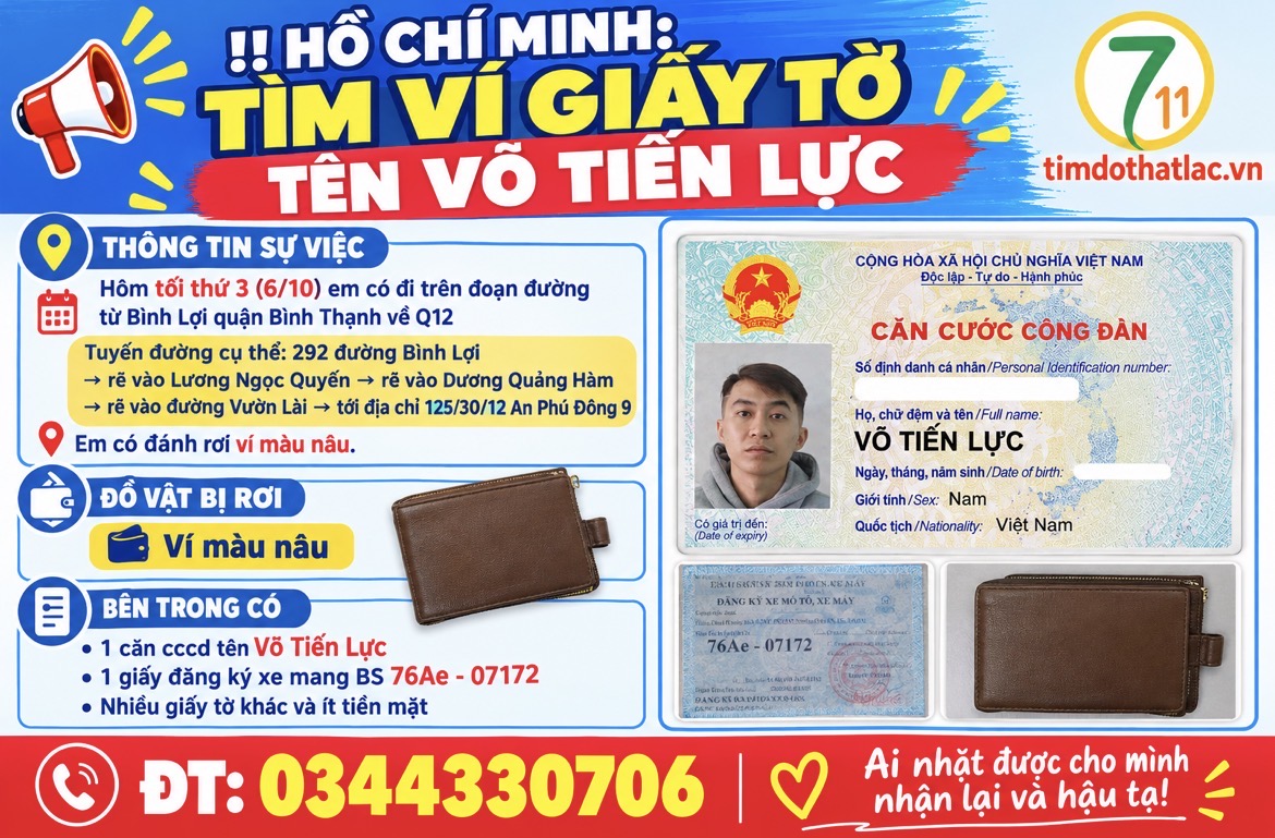 ‼️ Hồ Chí Minh :  Tìm ví giấy tờ tên Võ Tiến Lực