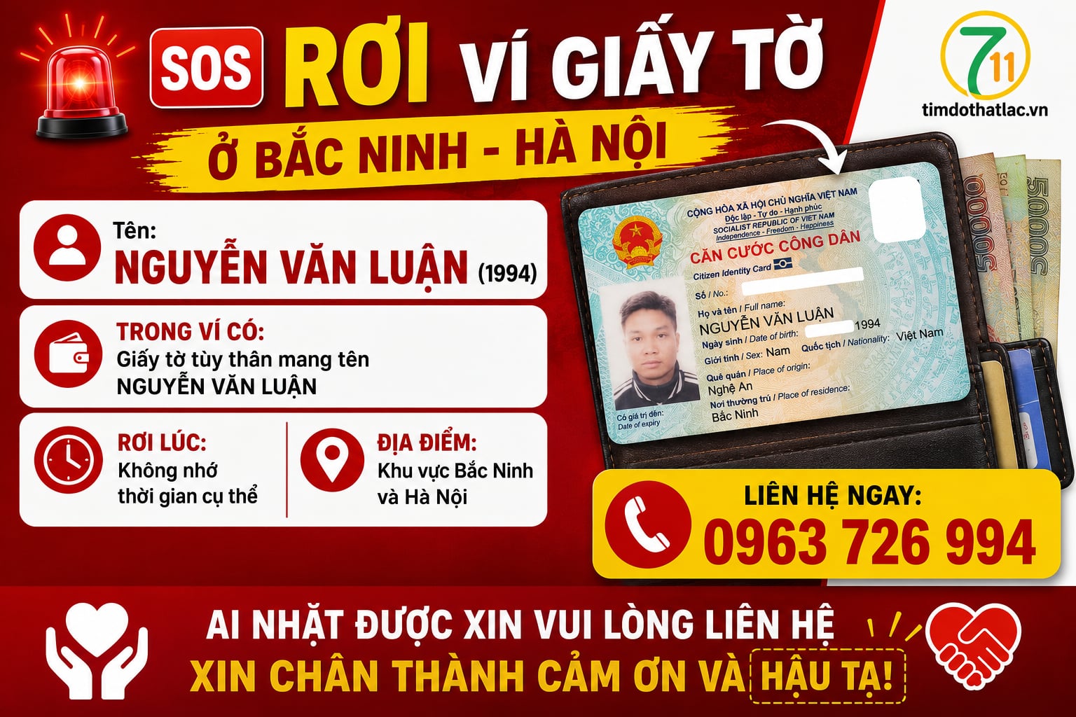 🆘 Rơi ví giấy tờ ở Bắc Ninh - Hà Nội tên Nguyễn Văn Luận 1994
