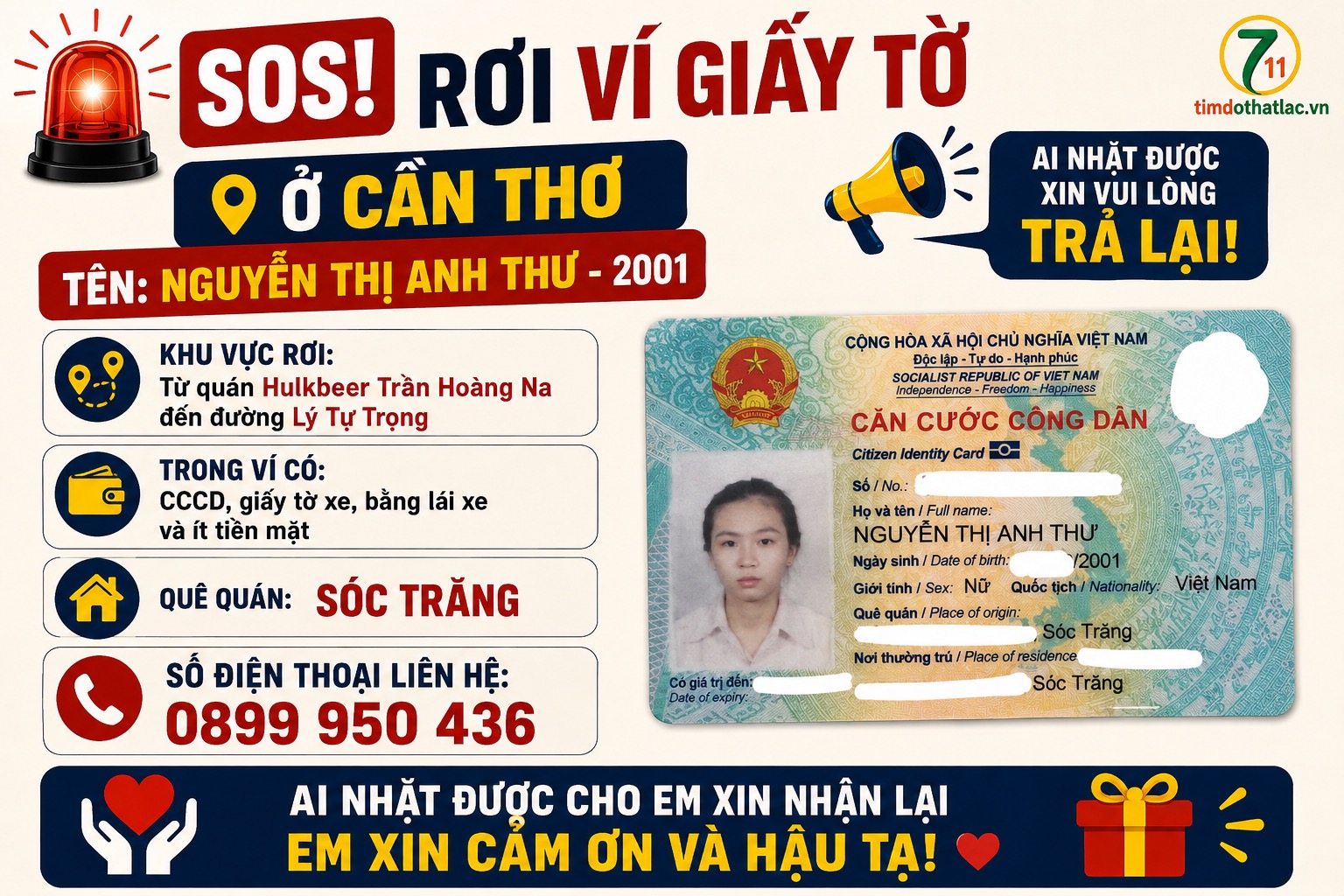 🆘 Rơi ví giấy tờ ở Cần Thơ tên Nguyễn Thị Anh Thư 2001 quê quán Sóc Trăng