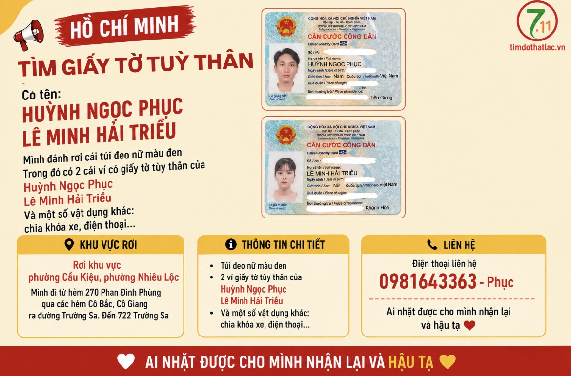 ‼️Hồ Chí Minh Tìm giấy tờ tuỳ thân có tên Huỳnh Ngọc Phục và Lê Minh Hải Triều