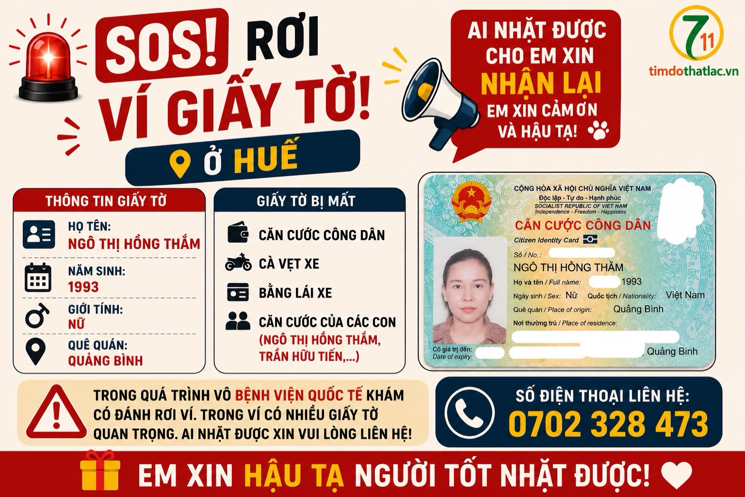 🆘 Rơi ví giấy tờ ở Huế tên Ngô Thị Hồng Thắm 1993 Quảng Bình