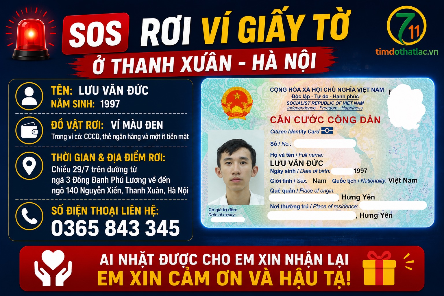 🆘 Rơi ví giấy tờ ở Thanh Xuân - Hà Nội tên Lưu Văn Đức 1997