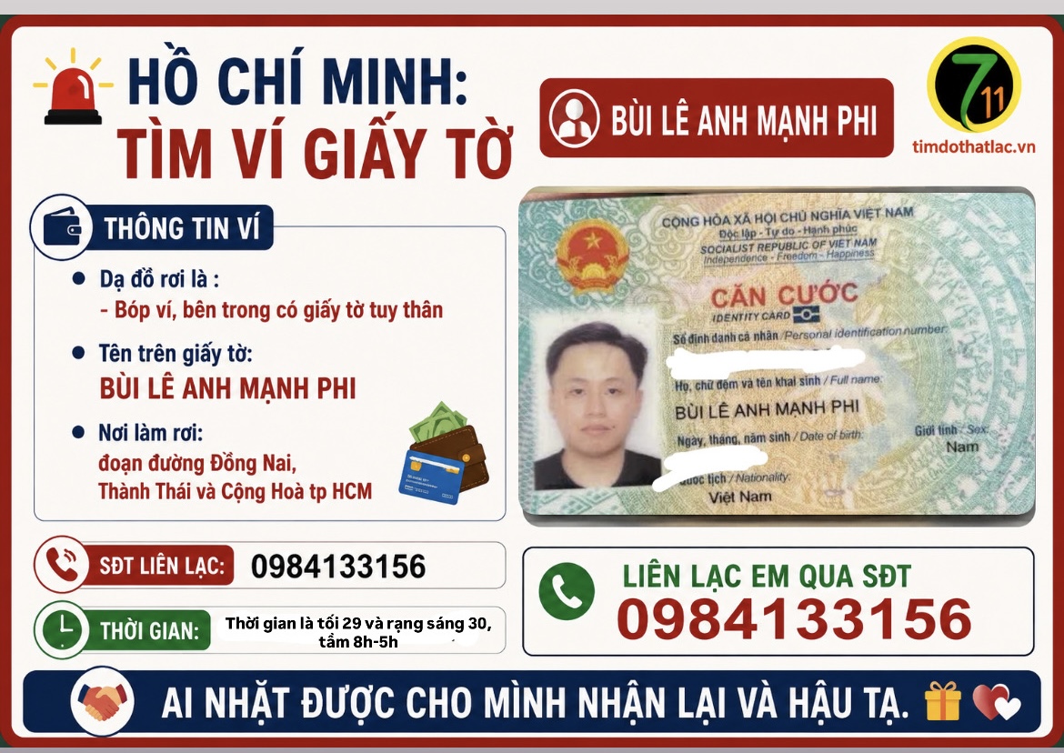 ‼️Hồ Chí Minh:  Tìm ví giấy tờ có tên Bùi Lê Anh Mạnh Phi