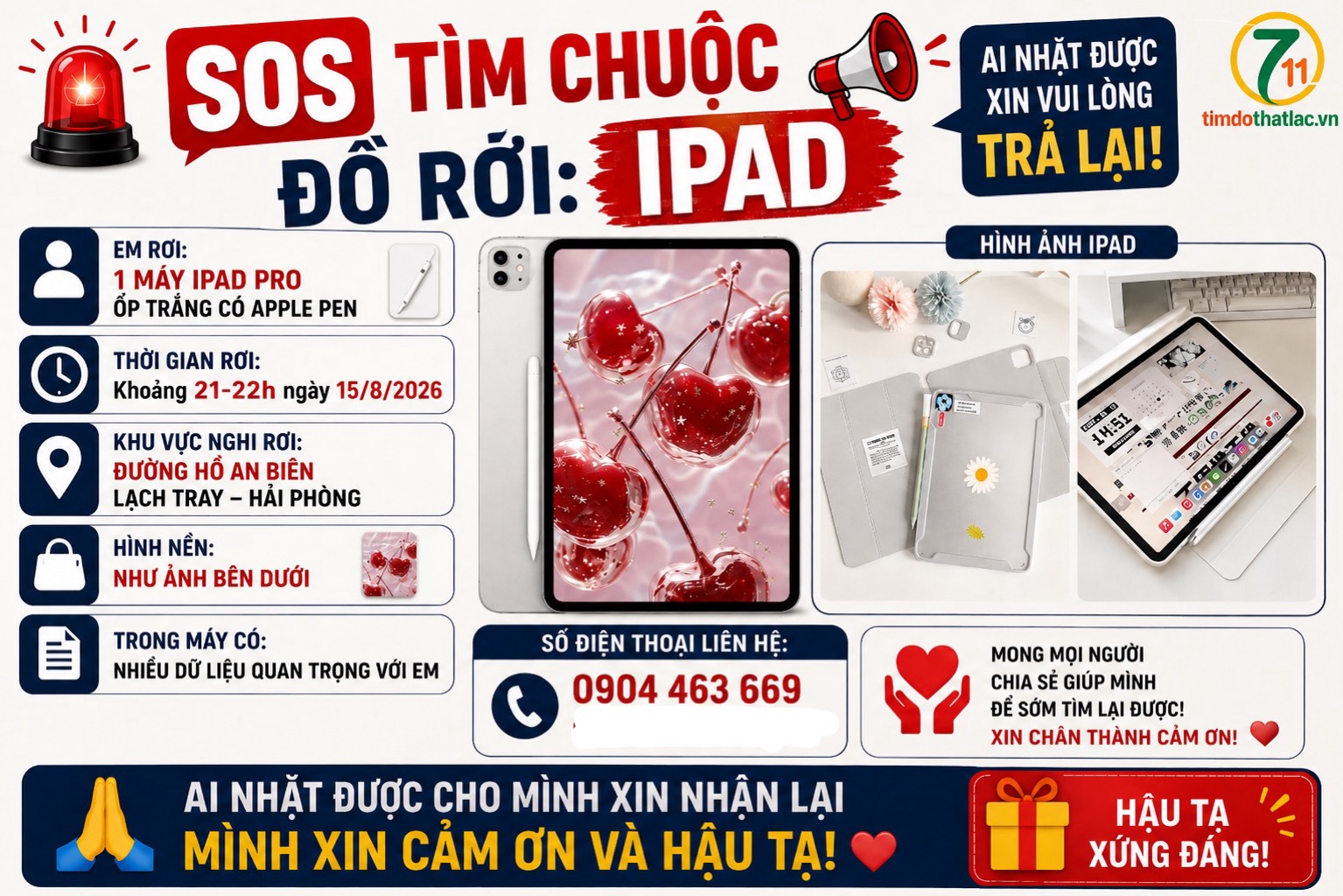 🆘 TÌM CHUỘC ĐỒ RƠI ( IPAD ) ở Hải Phòng