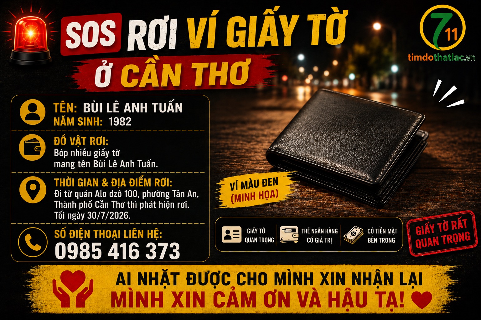 🆘 Rơi ví giấy tờ ở Cần Thơ tên Bùi Lê Anh Tuấn 1982