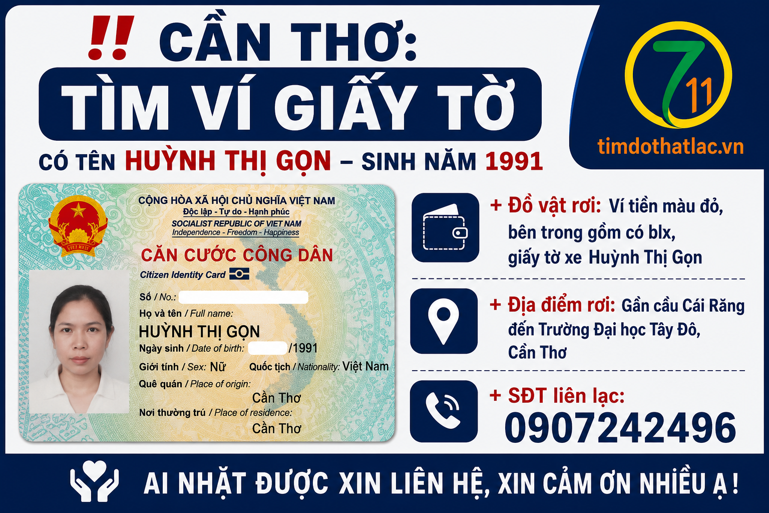 📌Rơi ví giấy tờ ở Cần Thơ tên Huỳnh Thị Gọn 1991