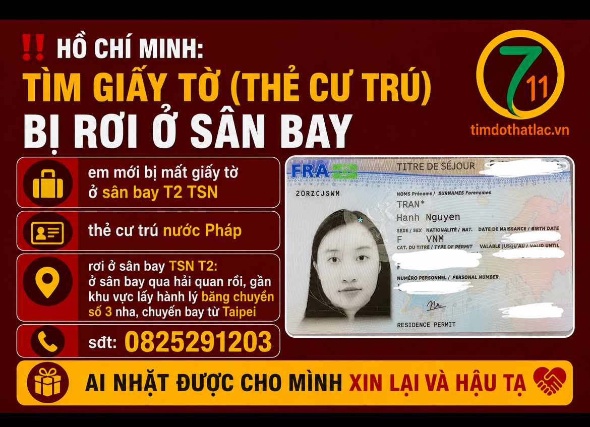 ‼️ Hồ Chí Minh: Tìm giấy tờ ( thẻ cư trú) bị rơi ở sân bay