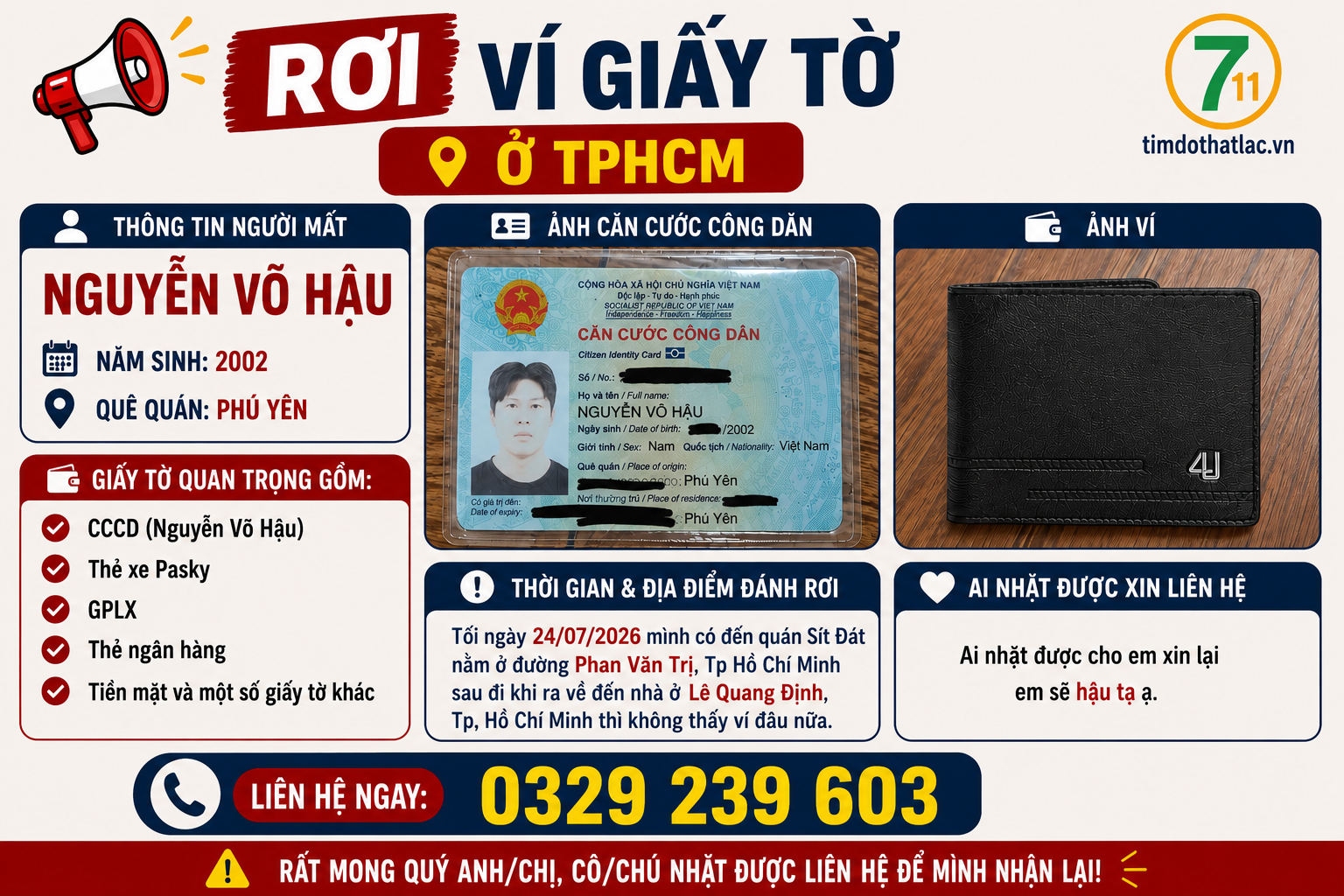 🆘 Rơi ví giấy tờ ở TPHCM tên Nguyễn Võ Hậu 2002 quê Phú Yên