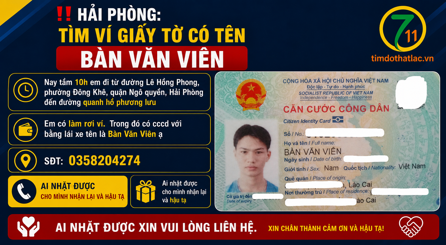 ‼️Hải Phòng: Tìm ví giấy tờ có tên Bàn Văn Viên