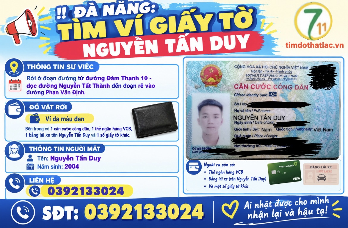 ‼️Đà Nẵng: Tìm ví giấy tờ tên Nguyễn Tấn Duy
