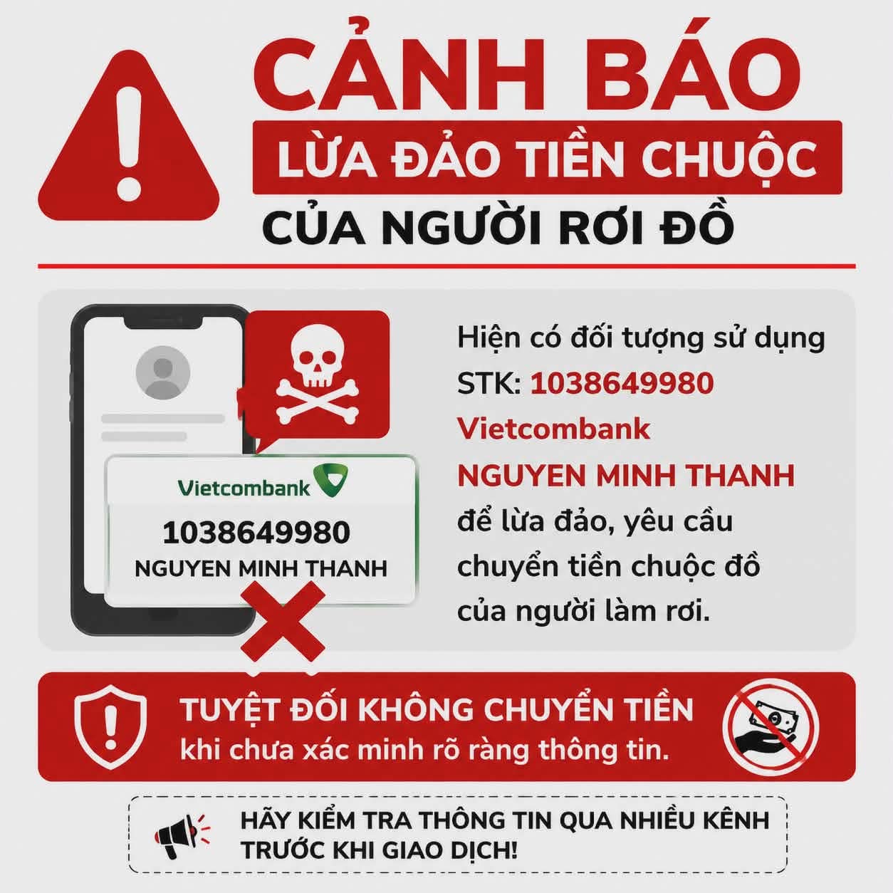 Cảnh Báo STK 1038649980 vietcombank nguyen minh thanh Lừa Tiền Chuộc Đồ
