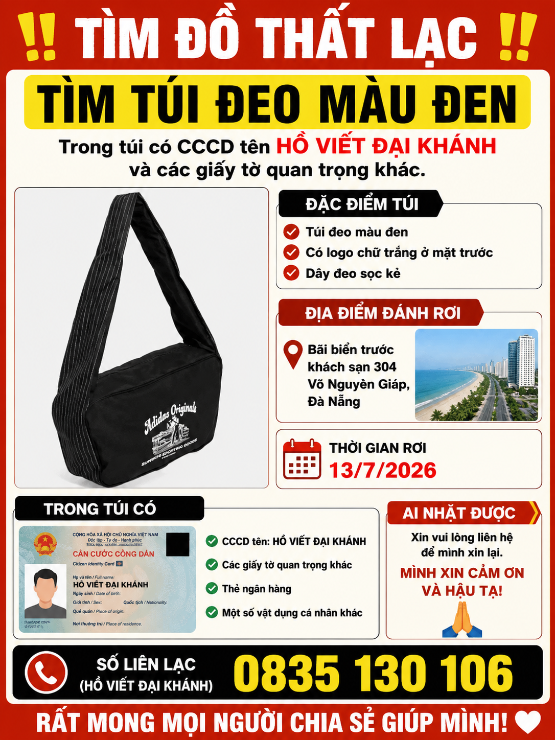 Rơi túi màu đen ở Đà Nẵng tên Hồ Viết Đại Khánh