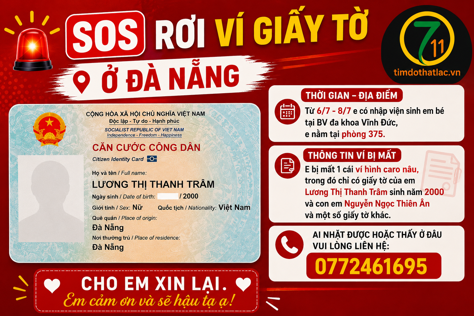🆘 Rơi ví giấy tờ ở Đà Nẵng tên Lương Thị Thanh Trâm 2000