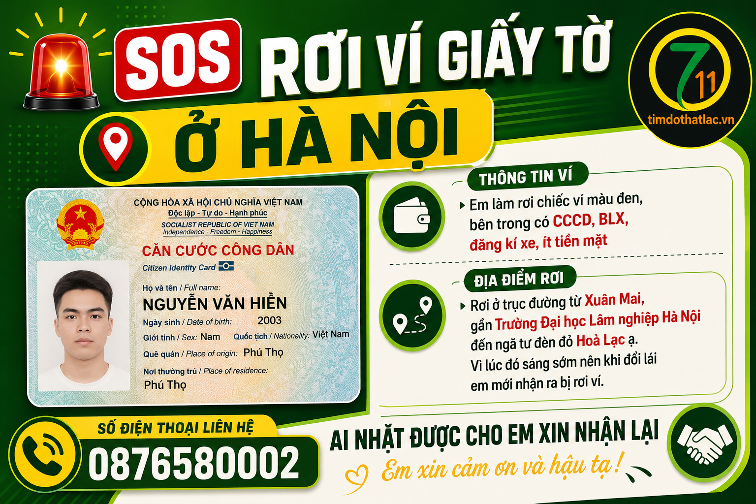🆘 Rơi ví giấy tờ ở Hà Nội tên Nguyễn Văn Hiền 2003 Phú Thọ
