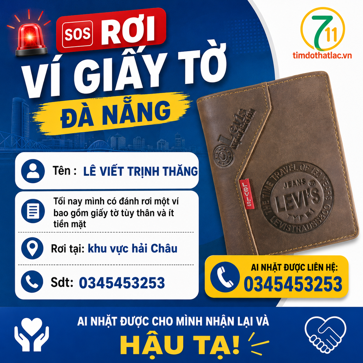 ‼️Đà Nẵng: Tìm ví giấy tờ có tên Lê Viết Trịnh Thắng