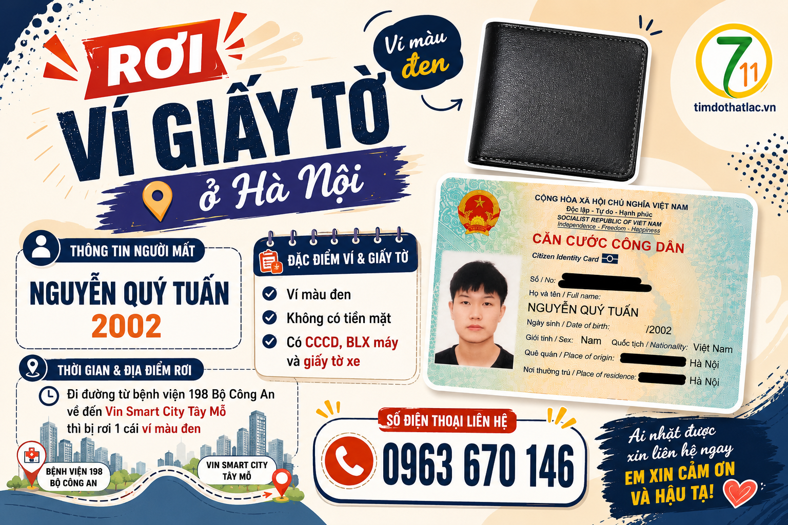 🆘 Rơi ví giấy tờ ở Hà Nội tên Nguyễn Quý Tuấn 2002 