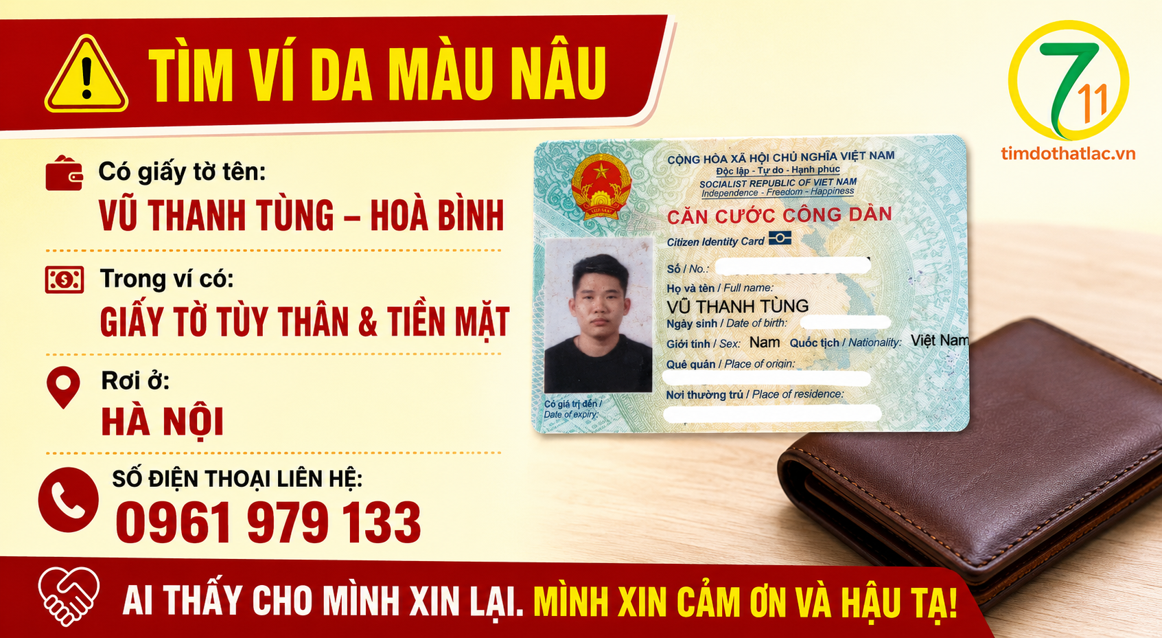 Rơi ví ở Hà Nội tên Vũ Thanh Tùng