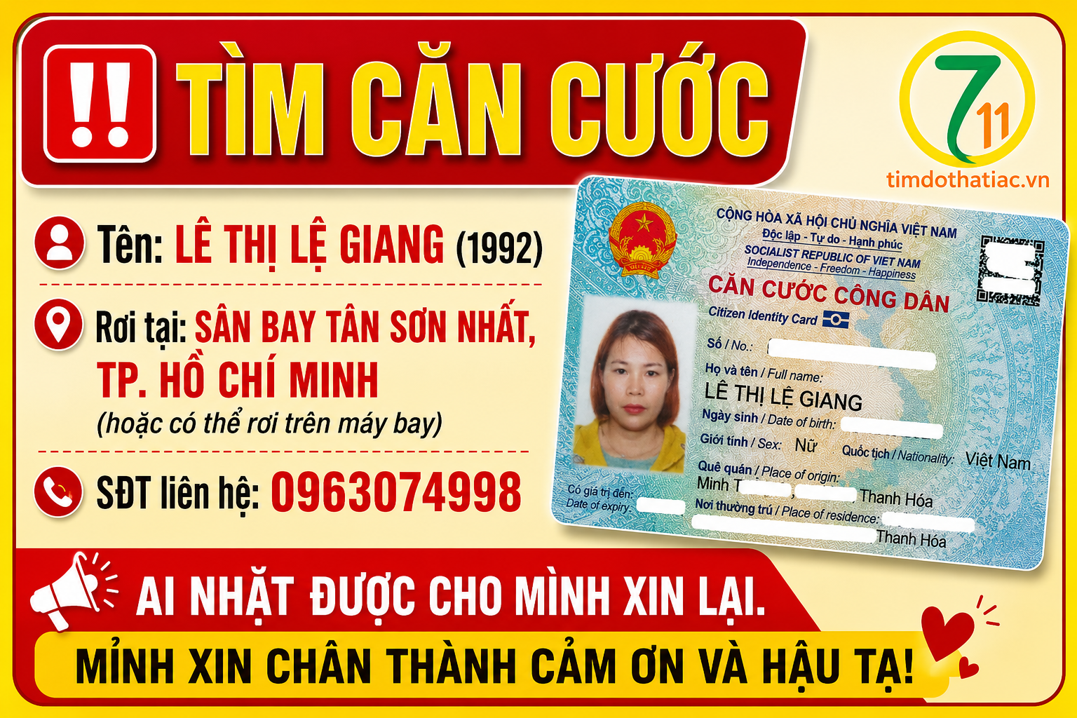 Rơi căn cước ở sân bay Tân Sân Nhất tên Lê Thị Lệ Giang 1992