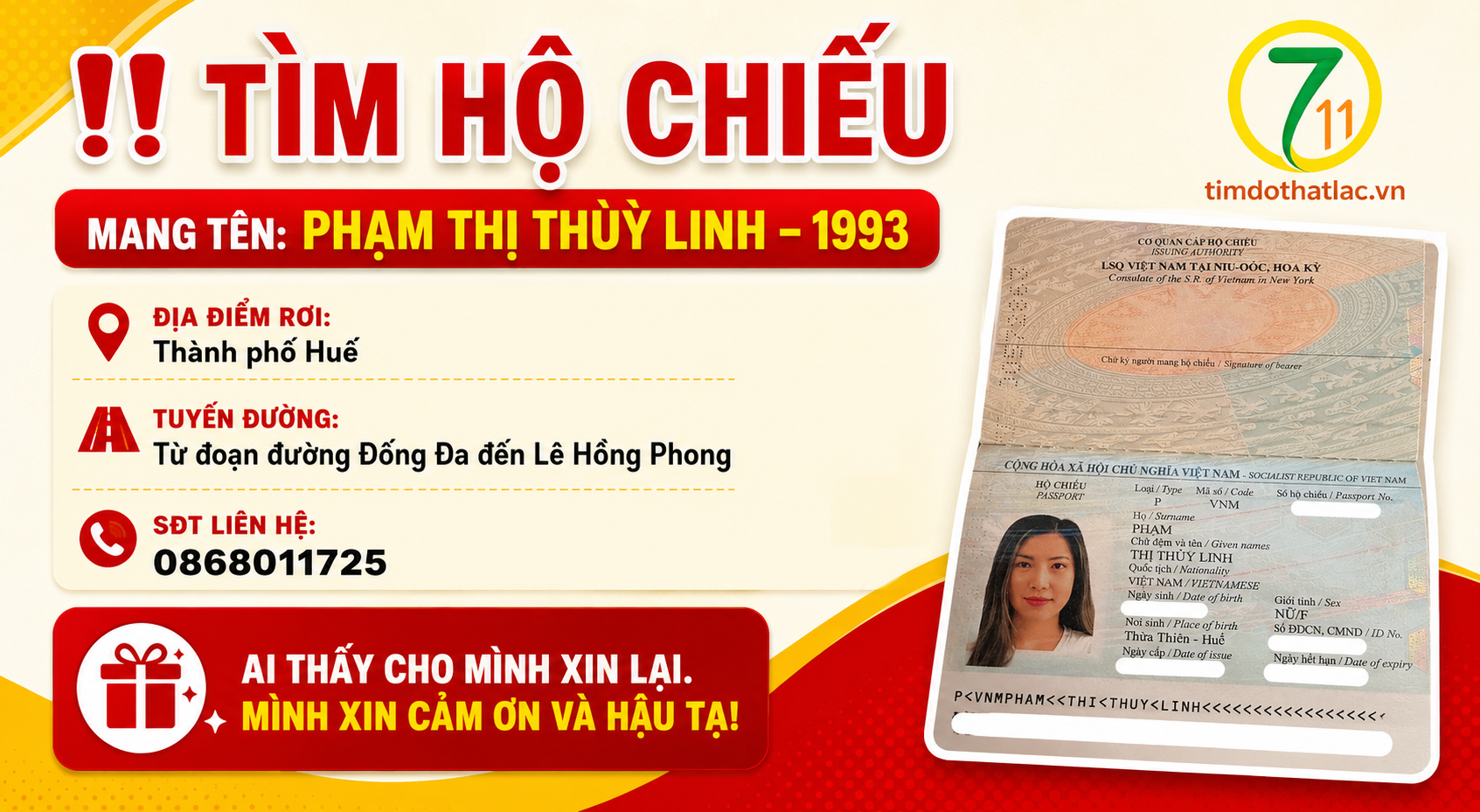 Rơi hộ chiếu ở Huế tên Phạm Thị Thuỳ Linh 1993
