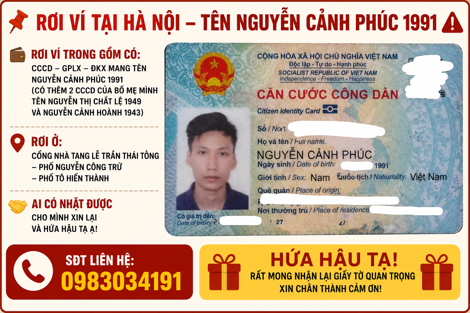 📌 rơi ví tại Hà Nội tên Nguyễn Cảnh Phúc 1991