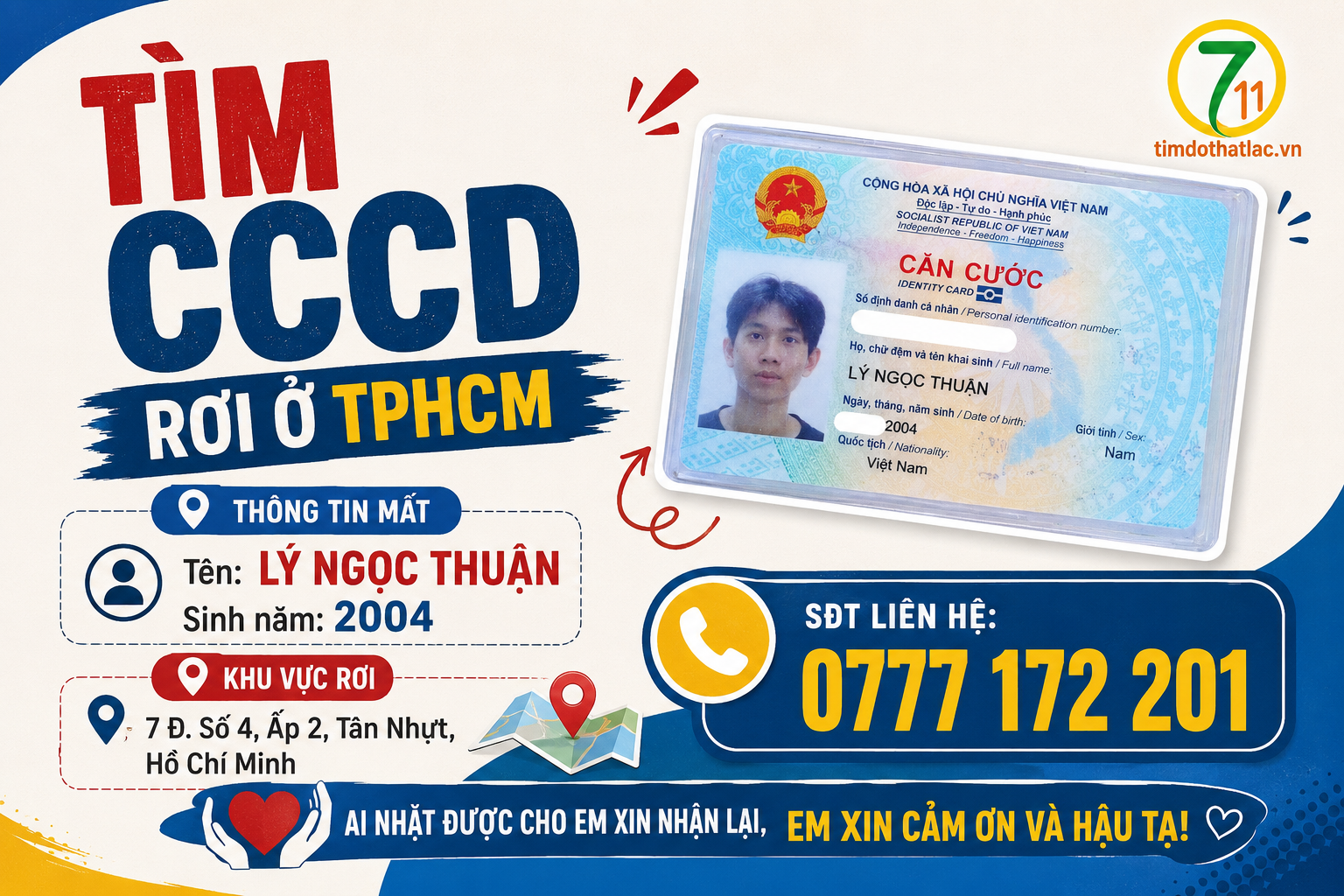 🆘 TÌM CCCD rơi ở TPHCM tên Lý Ngọc Thuận 2004 