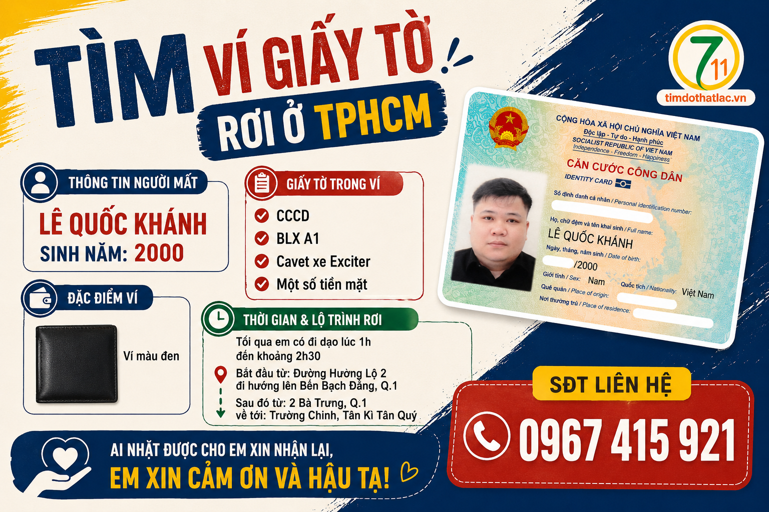 🆘 Tìm ví giấy tờ rơi ở TPHCM tên Lê Quốc Khánh 2000