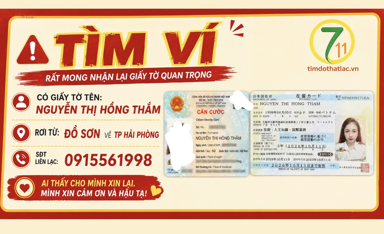Rơi ví ở Hải Phòng tên Nguyễn Thị Hồng Thắm