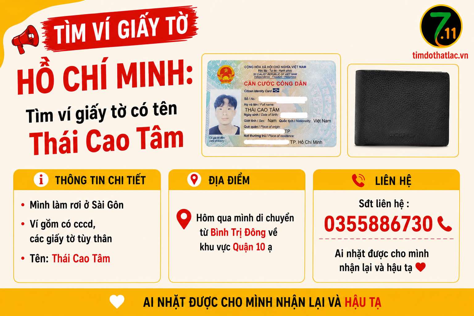 ‼️Hồ Chí Minh: Tìm ví giấy tờ có tên Thái Cao Tâm
