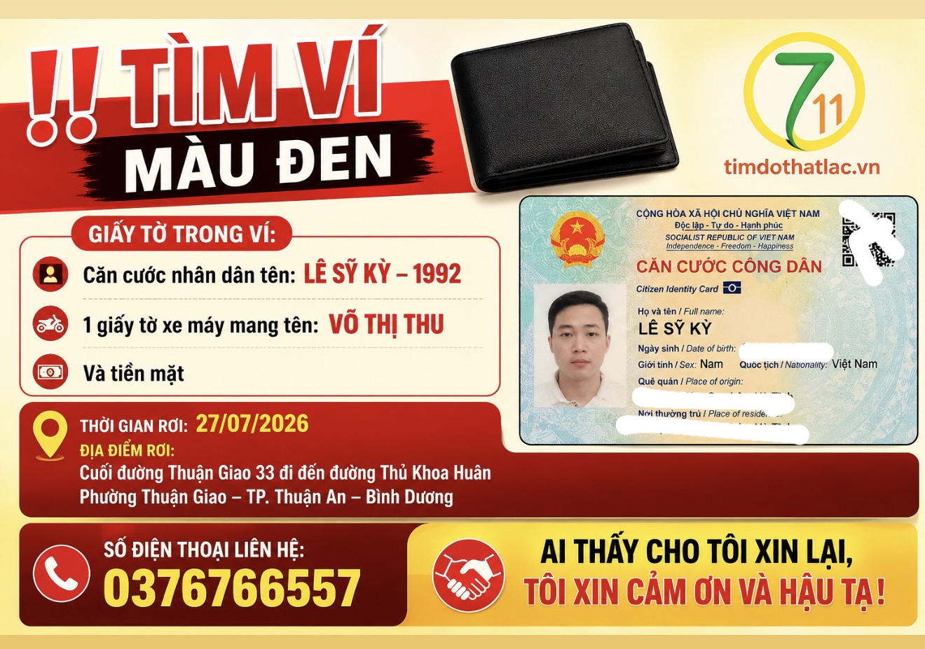 Rơi ví ở Bình Dương tên Lê Sỹ Kỳ 1992