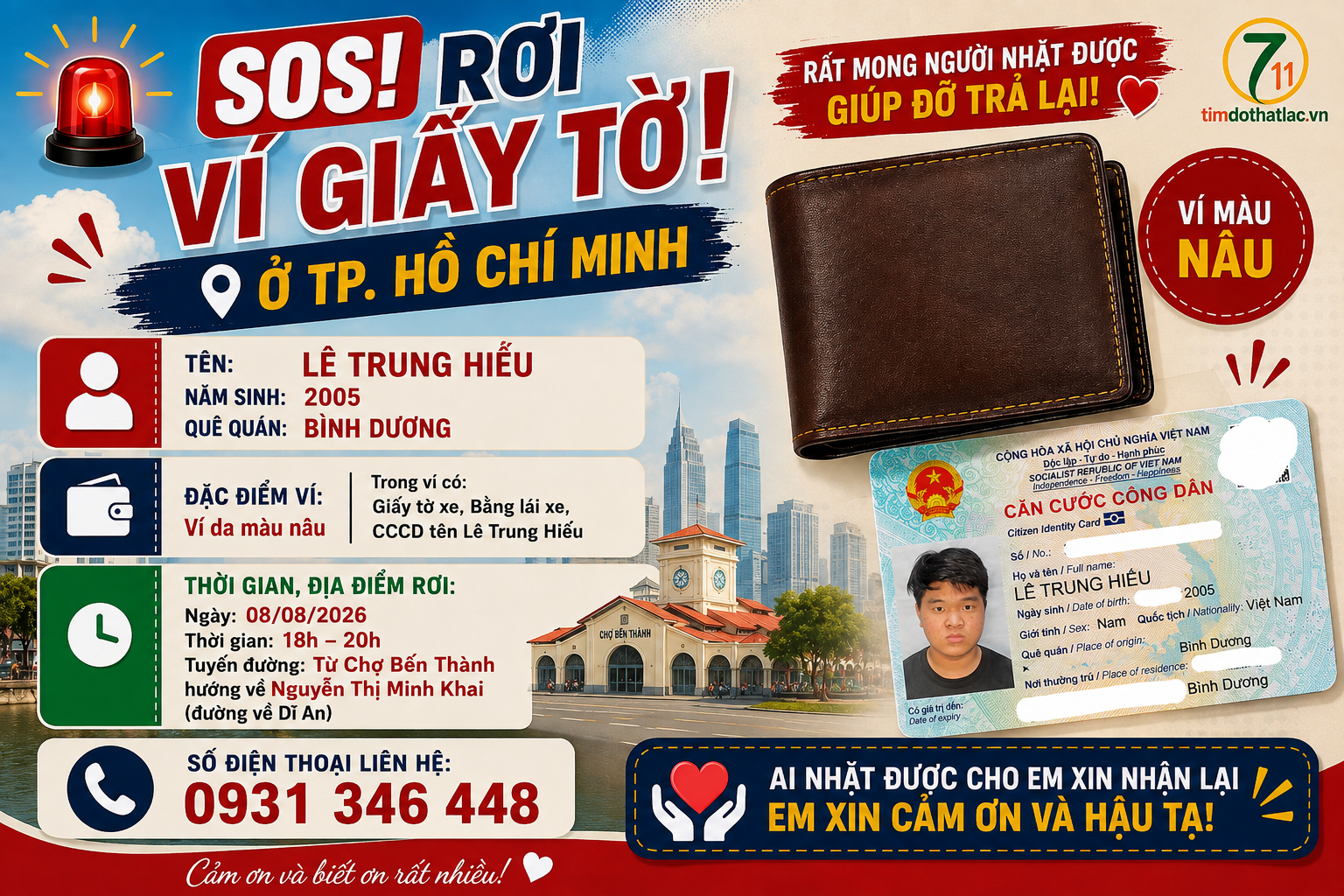 🆘 Rơi ví giấy tờ ở TPHCM tên Lê Trung Hiếu 2005 - Bình Dương