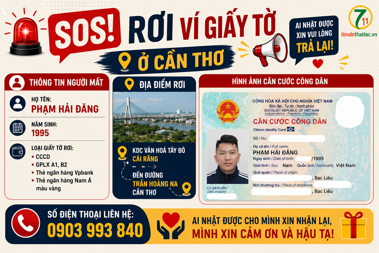 🔗 Rơi ví giấy tờ ở Cần Thơ tên Phạm Hải Đăng 1995