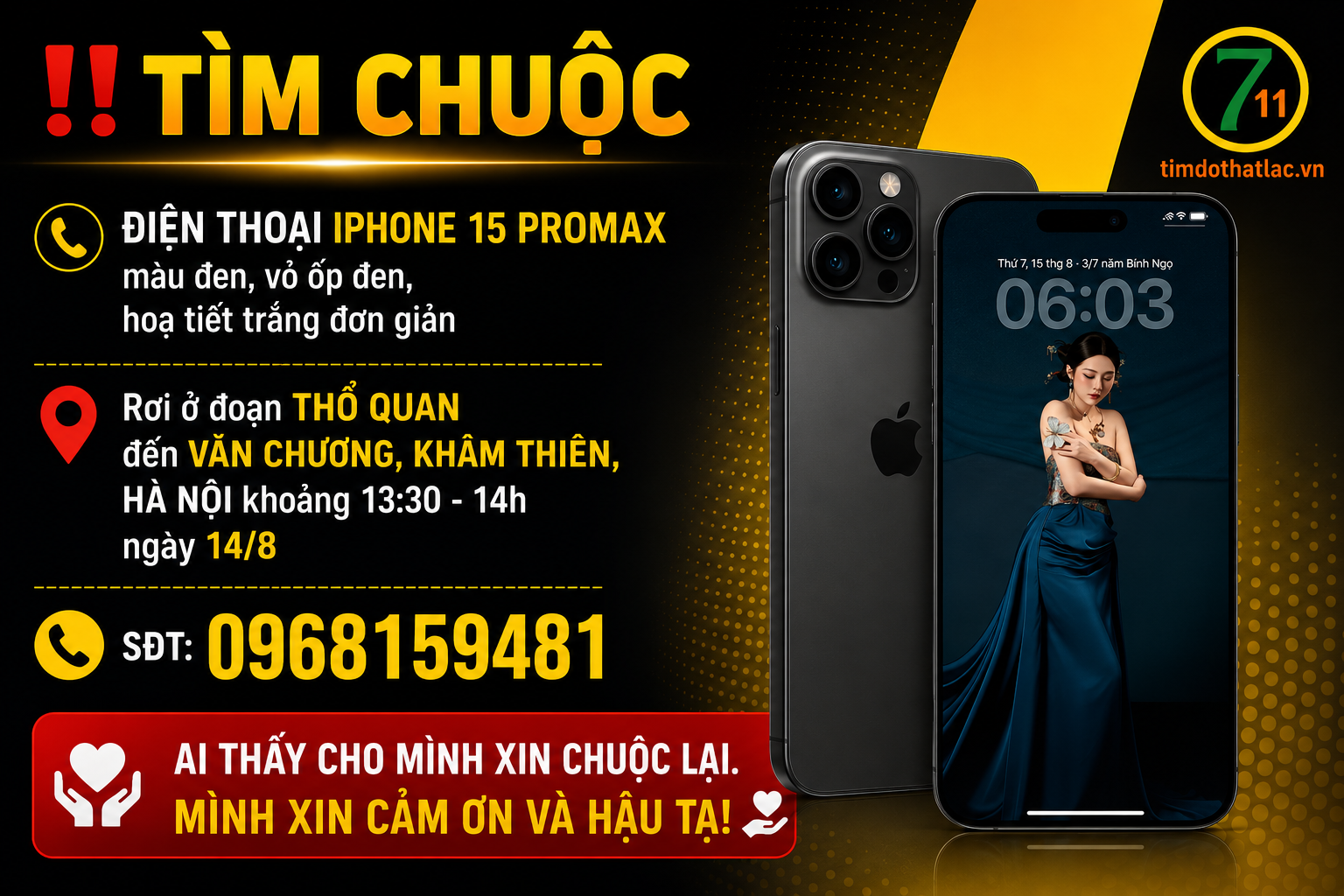 Tìm chuộc điện thoại iphone 15 promax thất lạc ở Hà Nội