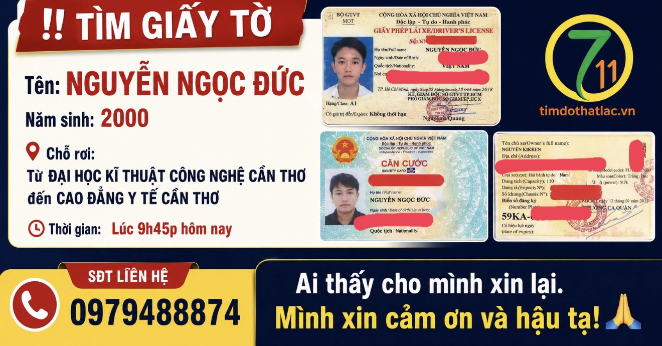 Rơi giấy tờ ở Cần Thơ tên Nguyễn Ngọc Đức 2000