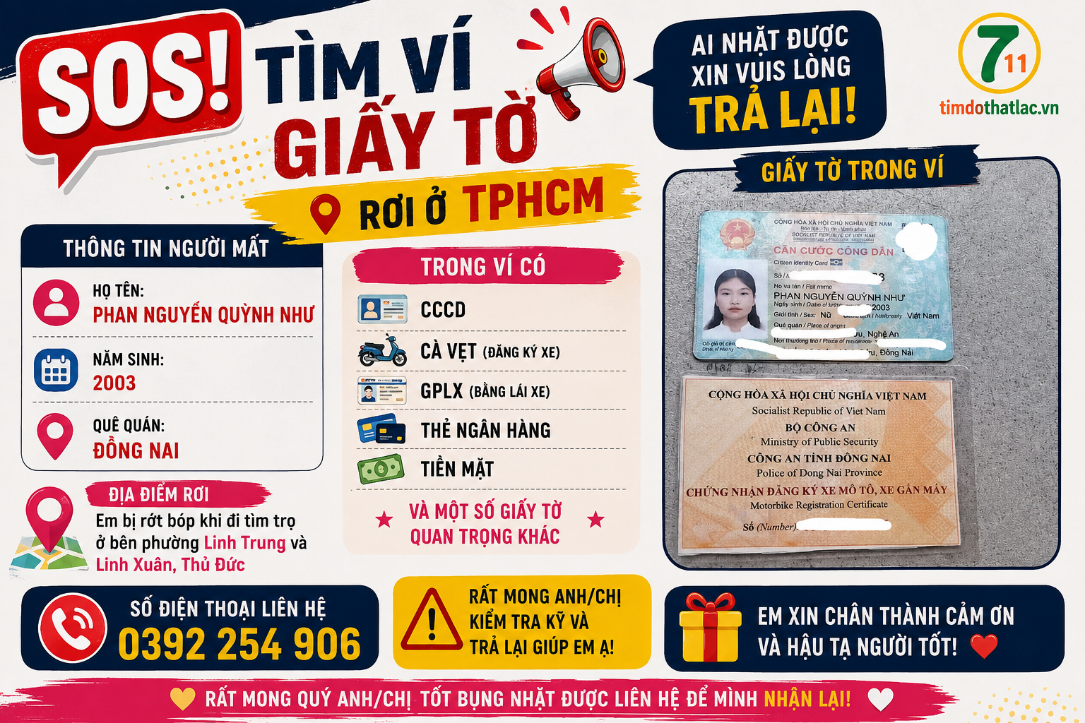🆘 TÌM VÍ GIẤY TỜ RƠI Ở TPHCM tên Phan Nguyễn Quỳnh Như 2003 Đồng Nai